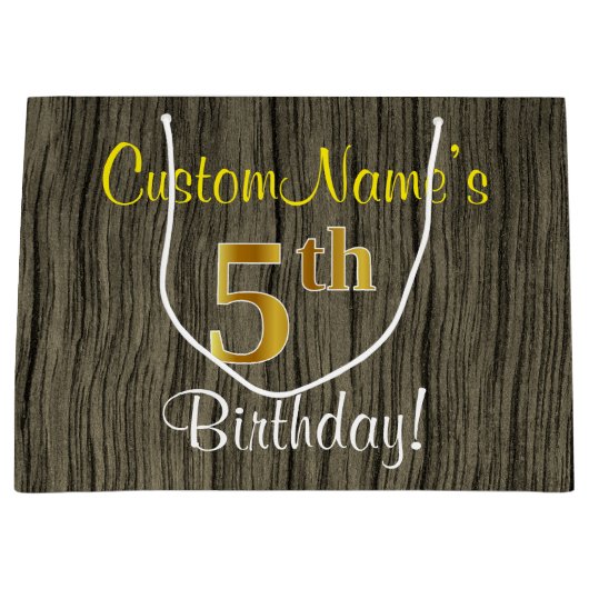 Imitat-hölzerner Blick, Imitat-Gold5. Geburtstag + Große Geschenktüte (Vorderseite)