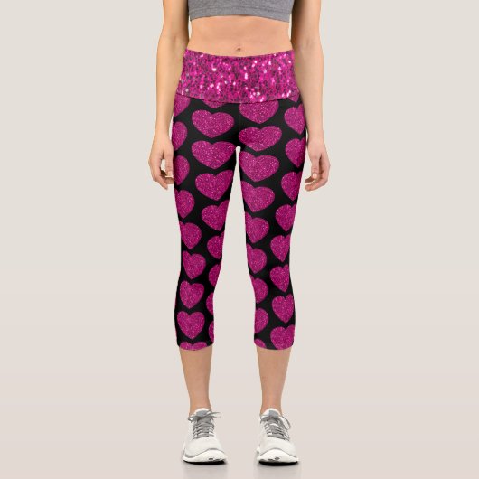 Imitat mit rosa Herzklopfen Glitzer Glitzern schwa Capri Leggings (Vorderseite)