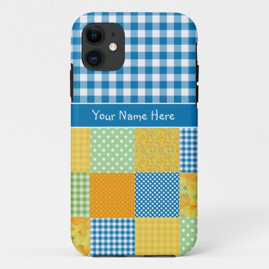 Imitat-Patchwork und blauer, weißer Karo-Gingham Case-Mate iPhone Hülle (Rückseite)