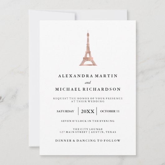 Imitat-Rosen-Goldelegante Eiffel-Turm-Hochzeit Einladung (Vorderseite)