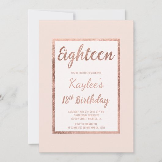 Imitat-Rosengold erröten rosa eleganter 18. Einladung (Vorderseite)