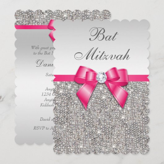 Imitat Silber Sequins Hot Pink Bow Bat Mitzvah Einladung (Vorne/Hinten)