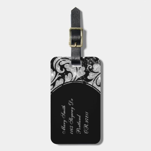 Imitat-silberner Glitzer-Blumenstrudel Gepäckanhänger (Vorderseite vertikal)