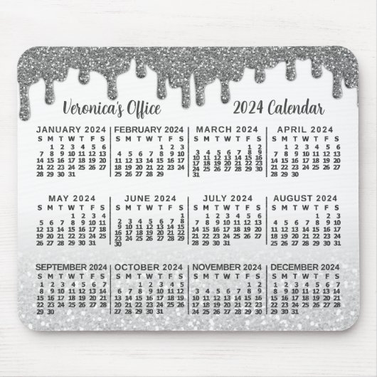 Imitate 2024 Jahre Kalender Silver Glitzer Tropfen Mousepad (Vorne)