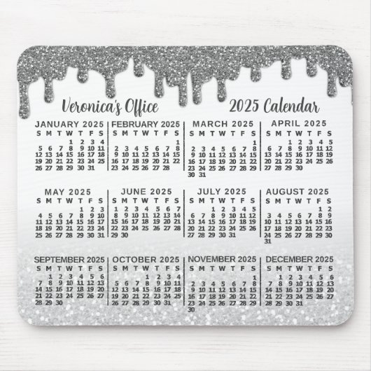 Imitate 2025 Jahre Kalender Silver Glitzer Tropfen Mousepad (Vorne)