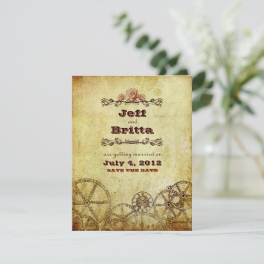 Imitate Antique Gold Viktorianisch Steampunk Hochz Save The Date (Stehend Vorderseite)