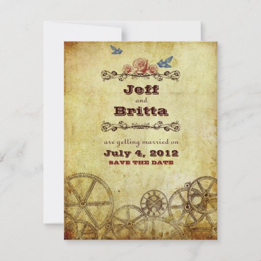 Imitate Antique Gold Viktorianisch Steampunk Hochz Save The Date (Vorderseite)