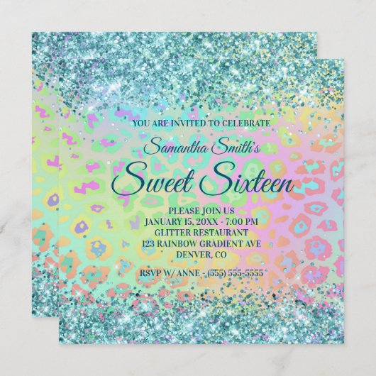 Imitate Aqua Blue Glitzer Regenbogen Leopard Gradi Einladung (Vorne/Hinten)