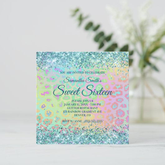 Imitate Aqua Blue Glitzer Regenbogen Leopard Gradi Einladung (Stehend Vorderseite)