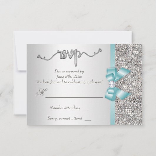 Imitate Aquamarin Bow Silver Sequins UAWG Wedding RSVP Karte (Rückseite)
