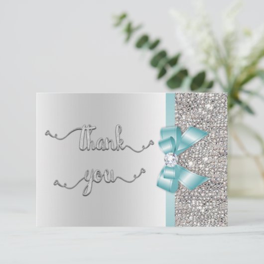 Imitate Aquamarin Bow Silver Sequins Vielen Dank f Dankeskarte (Stehend Vorderseite)