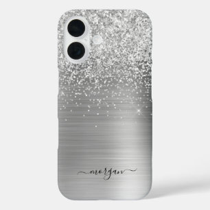Imitate aus Silber, Glitzer, Skriptname iPhone 16 Hülle