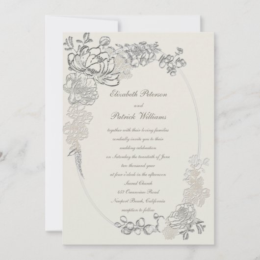 Imitate bestickt Peonies Ov Frame Calligraphy Wedd Einladung (Vorderseite)