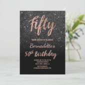 Imitate Black Glitzer Drehbuch Rose Gold 50. Gebur Einladung (Stehend Vorderseite)