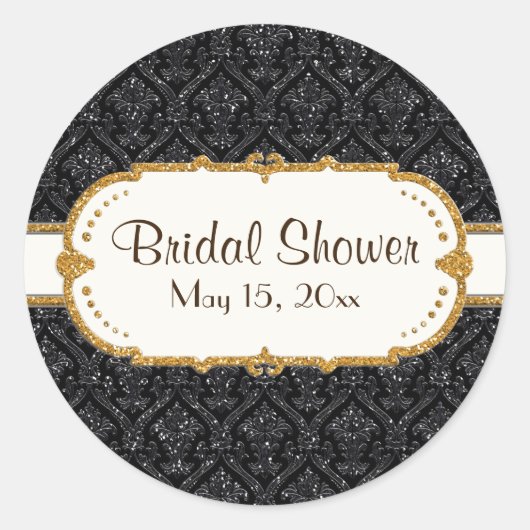 Imitate Black Gold Glitzer Damask Hochzeitsgeschic Runder Aufkleber (Vorderseite)