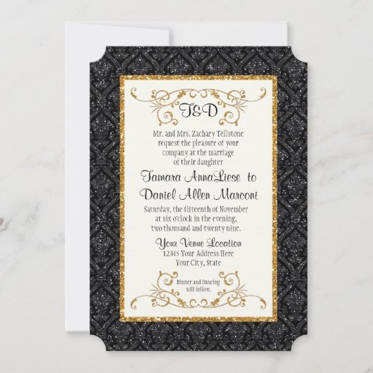 Imitate Black Gold Glitzer Damask Muster Hochzeit Einladung (Vorderseite)