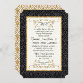 Imitate Black Gold Glitzer Damask Muster Hochzeit Einladung (Vorne/Hinten)