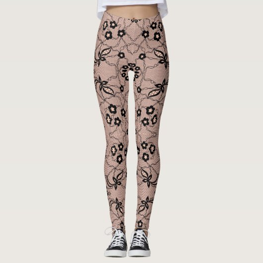 Imitate Black Lace Fishnet Leggings mit Blume (Vorderseite)