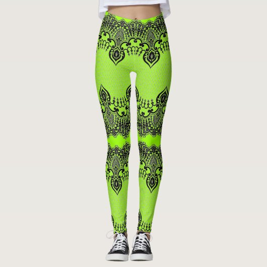 Imitate Black Lace Fishnet Leggings Neon Green Col (Vorderseite)