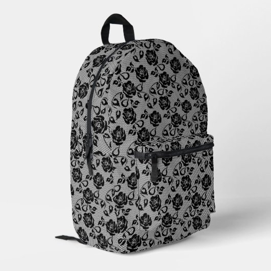 Imitate Black Lace Rose Fishnet Backpack Bedruckter Rucksack (Rückseitige Ecke links)