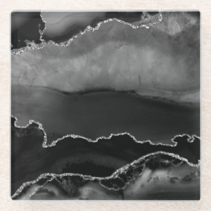 Imitate Black Marbled Agate Elegante Silver Glitze Glasuntersetzer