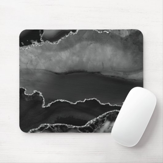 Imitate Black Marbled Agate Elegante Silver Glitze Mousepad (Mit Mouse)