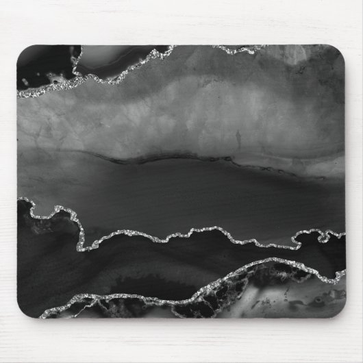 Imitate Black Marbled Agate Elegante Silver Glitze Mousepad (Vorne)