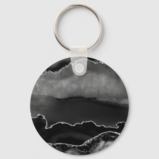 Imitate Black Marbled Agate Elegante Silver Glitze Schlüsselanhänger (Vorderseite)