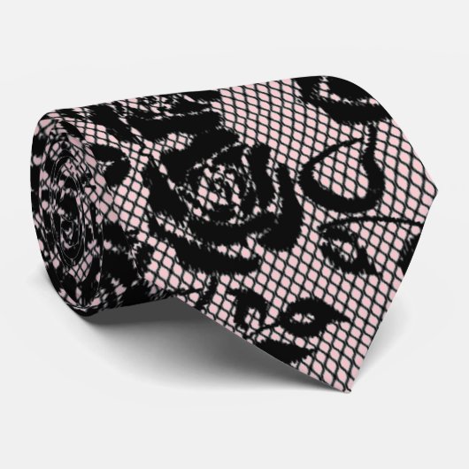 Imitate Black Rose Lace Fishnet Neck Tie - Romanti Krawatte (Gerollt)