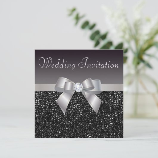 Imitate Black Sequins, Silberbow & Diamond Wedding Einladung (Stehend Vorderseite)