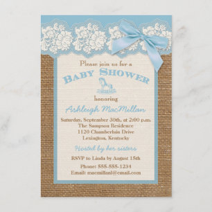IMITATE Burlap Ivory Lace, Blue Baby Dusche einlad Einladung