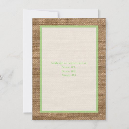IMITATE Burlap Ivory Lace, Green Baby Dusche einla Einladung (Rückseite)