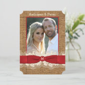 IMITATE Burlap, Lace, Bow FOTO Hochzeit Einladung  (Stehend Vorderseite)