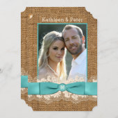 IMITATE Burlap, Lace, Bow FOTO Wedite - Aqua Einladung (Vorne/Hinten)