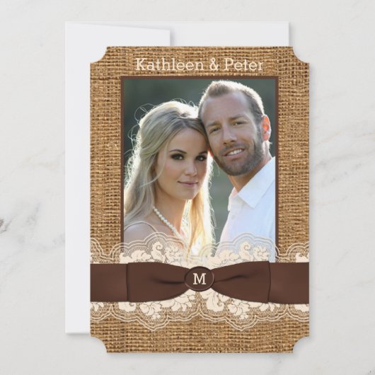 IMITATE Burlap, Lace, Bow FOTO Wedite Einladung, B Einladung (Vorderseite)