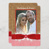 IMITATE Burlap, Lace, Bow FOTO Wedite Invite, Red  Einladung (Vorne/Hinten)