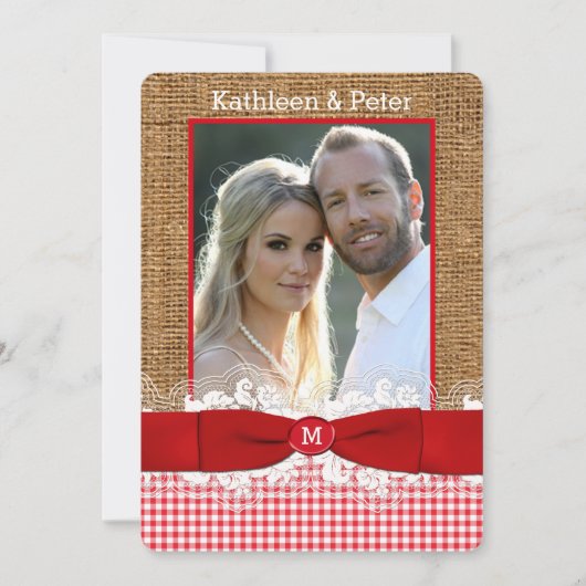 IMITATE Burlap, Lace, Bow FOTO Wedite Invite, Red  Einladung (Vorderseite)