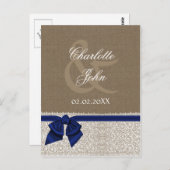 IMITATE Burlap, Marineblau und Weiß Spitze Danke Postkarte (Vorne/Hinten)