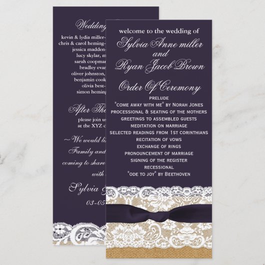 IMITATE Burlap, rustikale Hochzeitsprogramme Teelä Programm (Vorne/Hinten)