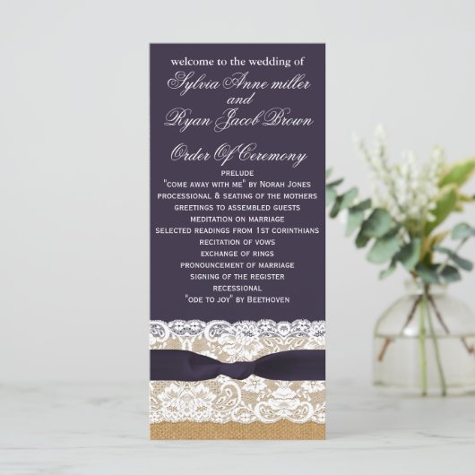 IMITATE Burlap, rustikale Hochzeitsprogramme Teelä Programm (Stehend Vorderseite)