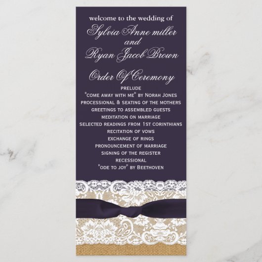 IMITATE Burlap, rustikale Hochzeitsprogramme Teelä Programm (Vorderseite)