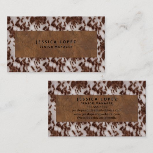 Imitate Cowhide & Leder Rustikale Tierdruckbraun Visitenkarte (Vorne/Hinten)