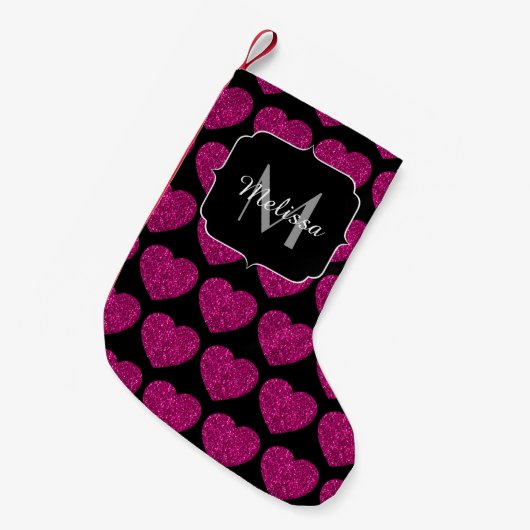 Imitate des heißen rosa Herzens Monogramm Kleiner Weihnachtsstrumpf (Vorderansicht (hängend))