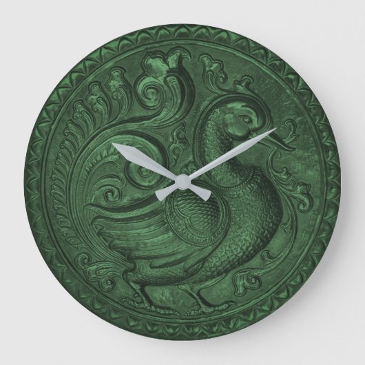 Imitate Embossed Peacock Emerald Green Große Wanduhr (Vorderseite)