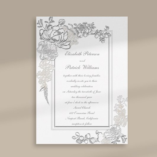 Imitate Embossed Peony Ivory Calligraphy Wedding Einladung
