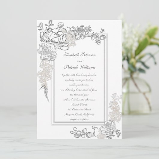 Imitate Embossed Peony Ivory Calligraphy Wedding Einladung (Stehend Vorderseite)