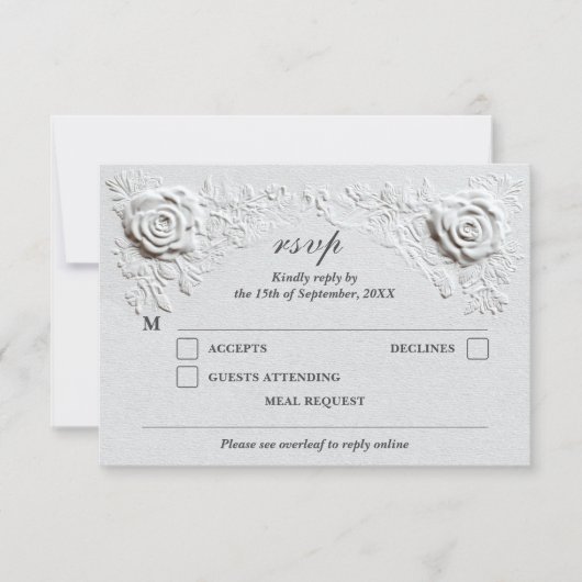 Imitate Embossed Rose Elegantes Script QR Code Hoc RSVP Karte (Vorderseite)