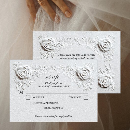 Imitate Embossed Rose Elegantes Script QR Code Hoc RSVP Karte