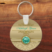 Imitate Emerald Gemstone Metallic Shiny Gold Damas Schlüsselanhänger (Vorderseite)