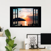 Imitate Fenster mit Strand Sunset Ocean Poster (Heimbüro)